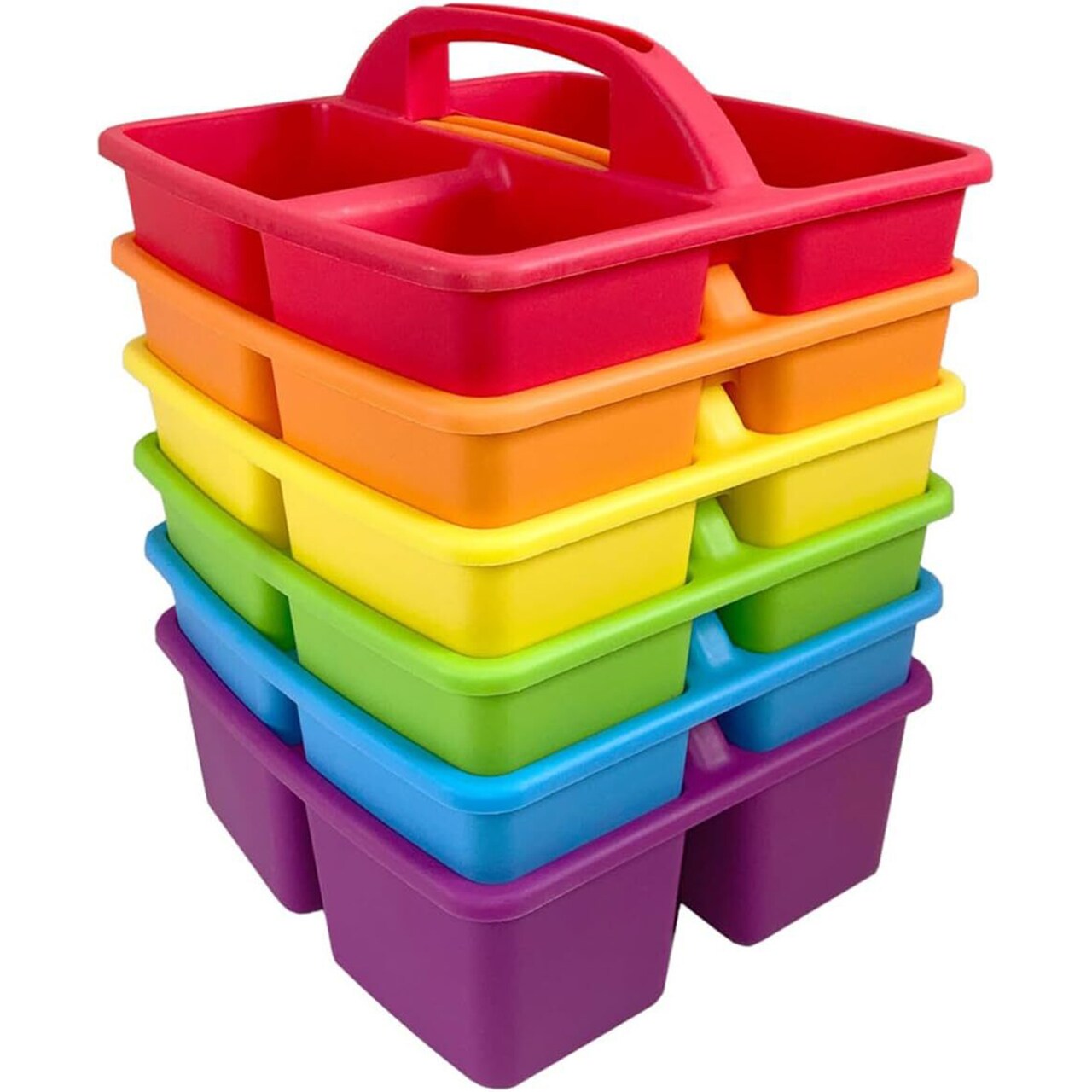 4E’s Novelty Classroom Caddy Set of 6, Plastic Caddies for Supply, Caddy Organizer with Handle for Classroom, Rainbow Colors, Desk Caddies for Supplies Keep Desks and Work Stations Organized